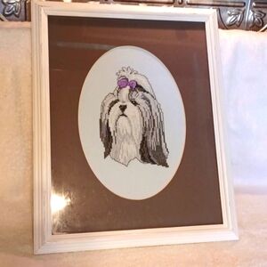 Framed cross stitch  Shitzu dog 12.5x15.5